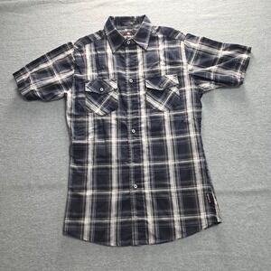Airwalk Mens Plaid Short Sleeve Button Up Shirt‎ Navy Blue White Small